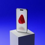 Smartphone with red abstract design on white cube, blue background brand inspired mobile wireframes design system