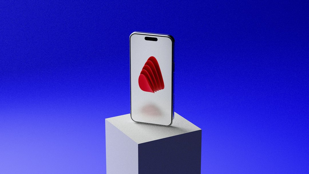 Smartphone with red abstract design on white cube, blue background brand inspired mobile wireframes design system