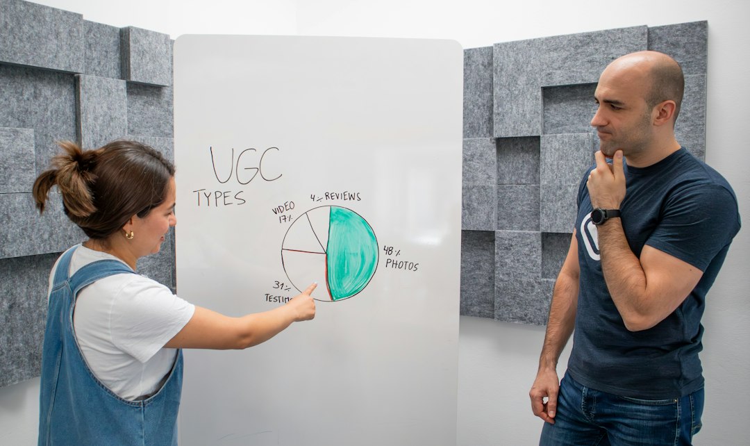 a man and a woman standing in front of a whiteboard research report, data charts, usability findings, stakeholder meeting