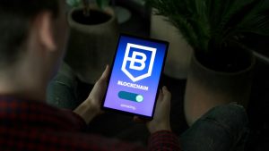 a person holding a tablet with a blockchain logo on it blockchain app wallet smart contract