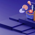 a purple background with a basket of items and a target ecommerce comparison chart, small business owner, laptop store setup
