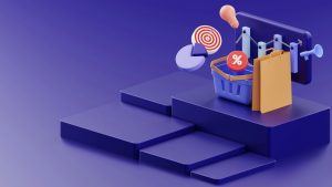 a purple background with a basket of items and a target ecommerce comparison chart, small business owner, laptop store setup