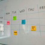 a white board with sticky notes attached to it project timeline, task owners, planning board
