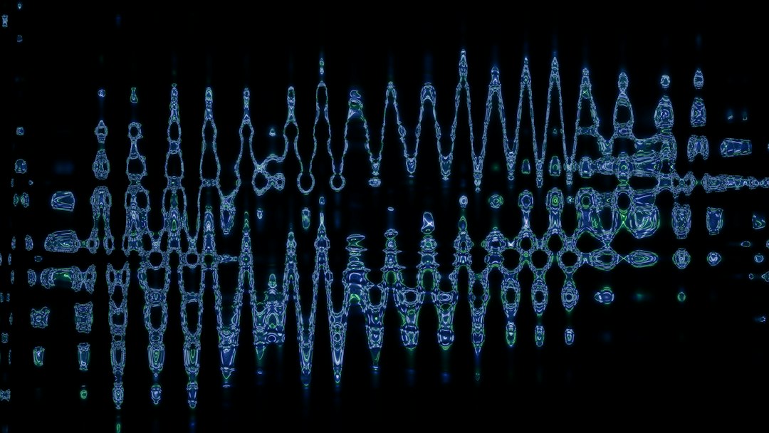 Abstract blue wavy lines on black background headphones, audio app, sound waves