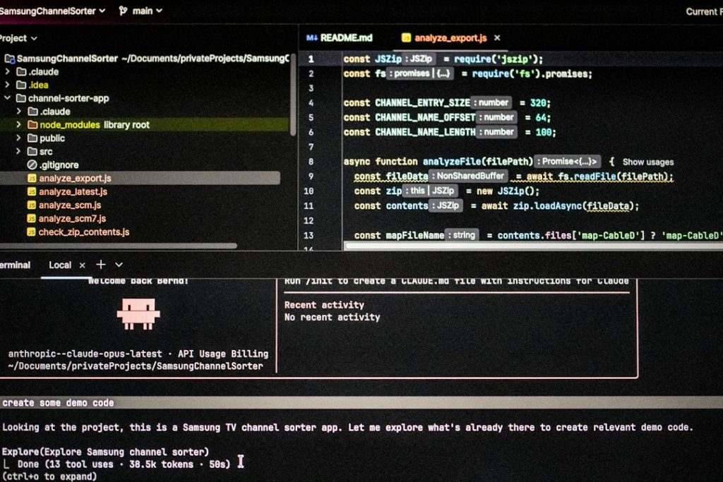 Computer screen displaying code and project files server configuration, timeout settings, performance metrics
