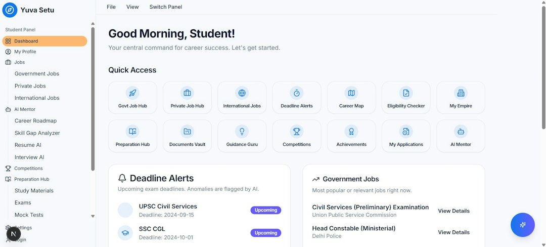 Student dashboard with quick access and alerts project dashboard, task timeline, team planning