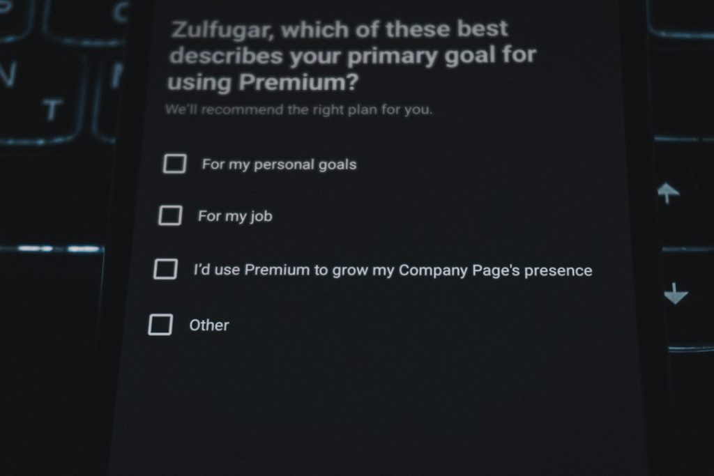 Survey asking about premium subscription goals email signup form, consent checkbox, privacy notice